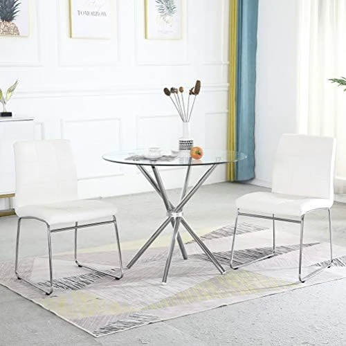 WENYU 3 Pieces Glass Dining Table Set, Round Kitchen Table With Clear Tempered Glass Top, Modern Dining Table And Chairs Set For 2 Person (Table + 2 White Chairs) 17 WENYU 3 Pieces Glass Dining Table Set, Round Kitchen Table With Clear Tempered Glass Top, Modern Dining Table And Chairs Set For 2 Person (Table + 2 White Chairs) - Image 15