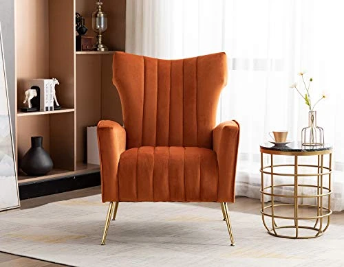 Artechworks Curved Tufted Accent Chair With Metal Gold Legs Velvet Upholstered Arm Club Leisure Modern Chair For Living Room Bedroom Patio, Caramel Color, Orange 6 Artechworks Curved Tufted Accent Chair With Metal Gold Legs Velvet Upholstered Arm Club Leisure Modern Chair For Living Room Bedroom Patio, Caramel Color, Orange - Image 4