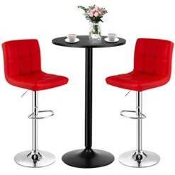 COSTWAY 3-Piece Bar Table Set, Round Cocktail Table And PU Leather Adjustable Swivel Chairs, Modern Counter Height Table Set With 2 Bar Stool For Kitchen, Office (Red)