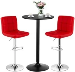 COSTWAY 3-Piece Bar Table Set, Round Cocktail Table And PU Leather Adjustable Swivel Chairs, Modern Counter Height Table Set With 2 Bar Stool For Kitchen, Office (Red) -Amazon Store 41hRGsbX5cL. AC