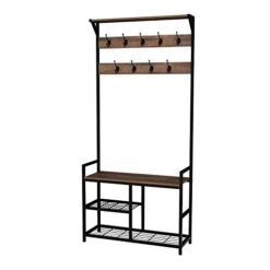 RAAMZO Nutmeg Brown Finish Black Frame Entryway Hall Tree Coat Hanger With 3-tier Shoe Boot Rack Storage Bench With 9 Hooks - 3-in-1 Design - 72-Inch Tall