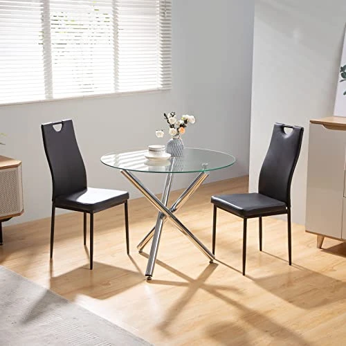 Bacyion Round Glass Dining Table Set For 2 - PU Leather Modern Dining Room Table Set For Small Spaces 3 Pieces Kitchen Tempered Glass Table And Chairs For Home Kitchen Living Room (Black) 3 Bacyion Round Glass Dining Table Set For 2 - PU Leather Modern Dining Room Table Set For Small Spaces 3 Pieces Kitchen Tempered Glass Table And Chairs For Home Kitchen Living Room (Black)