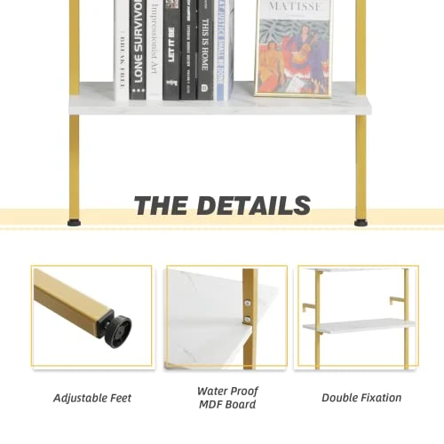 MELLCOM 5 Tier Industrial Ladder Shelf, Wood Modern Bookshelf With Golden Metal Frame, Wall-Mounted Plant Flower Storage Organizer For Living Room, Bathroom, Kitchen, Balcony 8 MELLCOM 5 Tier Industrial Ladder Shelf, Wood Modern Bookshelf With Golden Metal Frame, Wall-Mounted Plant Flower Storage Organizer For Living Room, Bathroom, Kitchen, Balcony - Image 6