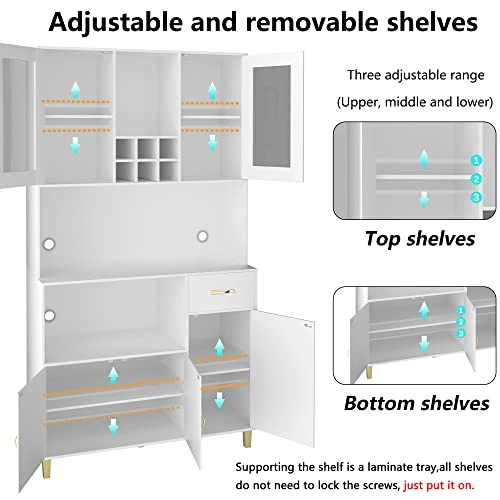 PAKASEPT Kitchen Pantry Storage Cabinet, Modern Freestanding Pantry Cabinet With Tempered Glass Doors,5 Storage Cabinet & Grid Wine Racks & Microwave Space & Drawer For For Living Room, Kitchen,White 7 PAKASEPT Kitchen Pantry Storage Cabinet, Modern Freestanding Pantry Cabinet With Tempered Glass Doors,5 Storage Cabinet & Grid Wine Racks & Microwave Space & Drawer For For Living Room, Kitchen,White - Image 5