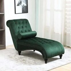 Paddie Velvet Button-Tufted Chaise Lounge Chair Leisure Sofa Chaise Chair W/Bolster Pillow, Nailhead Trim And Turned Legs For Indoor Living Room (Green) -Amazon Store 41iBx8nkzLL