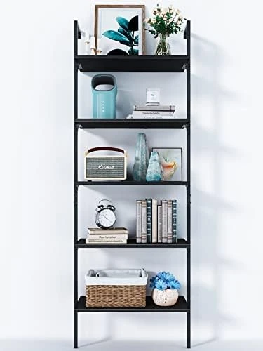 ODK 5-Tier Ladder Shelf, 74 Inches Wall Mounted Ladder Bookshelf With Metal Frame, Open Industrial Shelves For Home Office, Bedroom And Living Room, Black 8 ODK 5-Tier Ladder Shelf, 74 Inches Wall Mounted Ladder Bookshelf With Metal Frame, Open Industrial Shelves For Home Office, Bedroom And Living Room, Black - Image 6