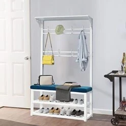 Hall Tree With Shoe Bench For Entryway, 3-in-1 Coat Rack Stand With Hooks Metal Frame Coat Rack With Shoe Storage For Hallway Farmhouse Bedroom Easy To Assemble, 80/100X33X172 Cm