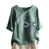 Womens Cotton Linen Shirts Casual Summer 3/4 Sleeve Tops Dandelion Print Tunic Tees Casual Crewneck Loose Fit Blouses
