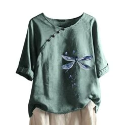 Womens Cotton Linen Shirts Casual Summer 3/4 Sleeve Tops Dandelion Print Tunic Tees Casual Crewneck Loose Fit Blouses