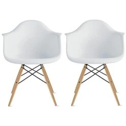 2xhome Modern Dining Side Chairs From Molded Plastic Armchair Shell With Natural Wooden Legs, White, Set Of 2