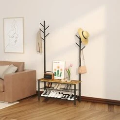 HOMEFORT 3-Tier Shoe Bench With Coat Rack, Coat Stand Entryway Bench, Shoe Rack With 9 Hanging Hooks, Sturdy Metal Frame And MDF Top, Industrial Hall Tree For Hallway, Bedroom(Rustic Brown)…… -Amazon Store 41iyGeoN0NL