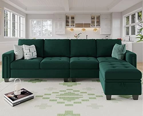 Belffin Velvet Reversible Sectional Sofa With Chasie Convertible Sectional Couch With Storage Ottoman L Shaped 4-seat Sectional Sofa Couch Green 9 Belffin Velvet Reversible Sectional Sofa With Chasie Convertible Sectional Couch With Storage Ottoman L Shaped 4-seat Sectional Sofa Couch Green - Image 7