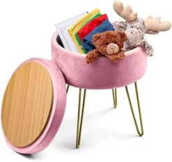 YITAHOME Modern Velvet Upholstered Round Storage Ottoman Footrest Vanity Stool With Gold Metal Legs & Tray Top Coffee Table Having 17.5” Height And Holds Upto 330 Lbs (Pink) -Amazon Store 41jASF AfzL. AC