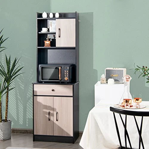 Giantex Pantry Organization And Storage, Tall Buffet Hutch Cabinet With Drawer Cabinet Shelf, High Cupboard Sideboard, Stationary Microwave Stand, Wood Countertop (Black & Natural) 5 Giantex Pantry Organization And Storage, Tall Buffet Hutch Cabinet With Drawer Cabinet Shelf, High Cupboard Sideboard, Stationary Microwave Stand, Wood Countertop (Black & Natural) - Image 3