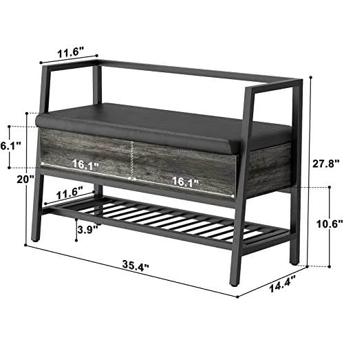 Homieasy Storage Shoe Bench With Padded Seat, Entryway Bench With Lift Top Storage Box, Industrial Shoe Rack Bench PU Leather Cushion Holds Up To 250 LB For Entryway Bedroom Hallway, Black Oak 5 Homieasy Storage Shoe Bench With Padded Seat, Entryway Bench With Lift Top Storage Box, Industrial Shoe Rack Bench PU Leather Cushion Holds Up To 250 LB For Entryway Bedroom Hallway, Black Oak - Image 3
