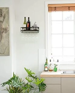 Mkono Wall Mounted Wine Rack - Bottle & Glass Holder Wood Rustic Floating Racks With Stemware Hanger Modern Plants Photos Wine Bottles Display Wall Storage Shelf For Kitchen Dining Room Home Bar
