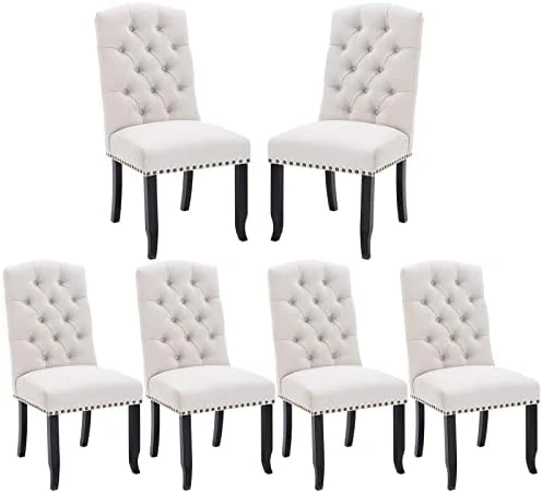 COLAMY Tufted Dining Chairs Set Of 6, Upholstered Parsons Dining Room Chairs, Fabric Kitchen Side Chair With Nailhead Trim And Wood Legs, Beige 6 COLAMY Tufted Dining Chairs Set Of 6, Upholstered Parsons Dining Room Chairs, Fabric Kitchen Side Chair With Nailhead Trim And Wood Legs, Beige - Image 4