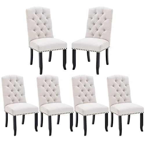 COLAMY Tufted Dining Chairs Set Of 6, Upholstered Parsons Dining Room Chairs, Fabric Kitchen Side Chair With Nailhead Trim And Wood Legs, Beige 3 COLAMY Tufted Dining Chairs Set Of 6, Upholstered Parsons Dining Room Chairs, Fabric Kitchen Side Chair With Nailhead Trim And Wood Legs, Beige