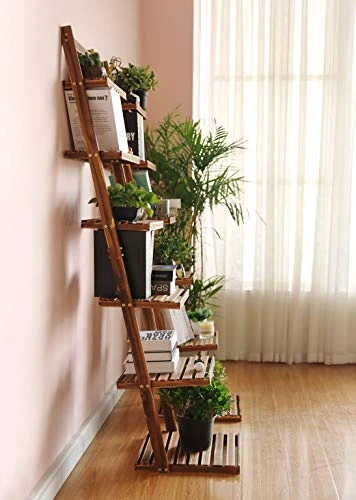 HYNAWIN Book Shelf 6-Tier Ladder Shelf-Plant Stand Storage Organizer,Bookcase Display Shelf,Standing Wooden Shelves For Living Room, Home Office, Rustic Brown 6 HYNAWIN Book Shelf 6-Tier Ladder Shelf-Plant Stand Storage Organizer,Bookcase Display Shelf,Standing Wooden Shelves For Living Room, Home Office, Rustic Brown - Image 4