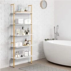 MELLCOM 5 Tier Industrial Ladder Shelf, Wood Modern Bookshelf With Golden Metal Frame, Wall-Mounted Plant Flower Storage Organizer For Living Room, Bathroom, Kitchen, Balcony 19 MELLCOM 5 Tier Industrial Ladder Shelf, Wood Modern Bookshelf With Golden Metal Frame, Wall-Mounted Plant Flower Storage Organizer For Living Room, Bathroom, Kitchen, Balcony -Amazon Store 41jlAepAIFL