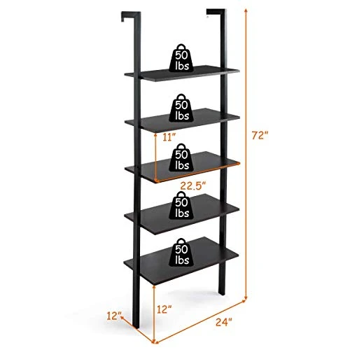 Tangkula 5-Shelf Bookcase, Modern 5-Tier Wood Wall Mounted Ladder Bookshelf With Metal Frame, 72 Inches Tall Industrial Open Ladder Shelf Display Rack Storage Shelves For Home Office (Dark-Brown, 2) 8 Tangkula 5-Shelf Bookcase, Modern 5-Tier Wood Wall Mounted Ladder Bookshelf With Metal Frame, 72 Inches Tall Industrial Open Ladder Shelf Display Rack Storage Shelves For Home Office (Dark-Brown, 2) - Image 6
