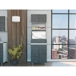 QYISIUY Auburn Microwave Pantry Cabinet; Two Cabinets; Two Open Shelves; One Drawer