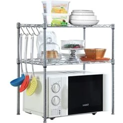 HKLGorg Stainless Steel Microwave Shelf, Kitchen Storage Rack 3 Tier Microwave Rack With 4 Hooks 21" Microwave Oven Rack Shelf Unit For Kitchen