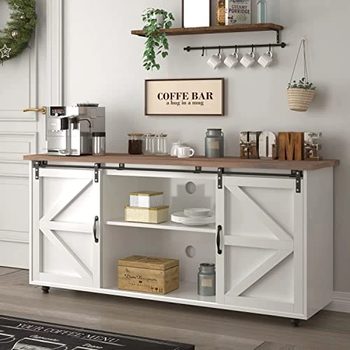 Farmhouse Coffee Bar Cabinet, 58’’ Kitchen Buffet Sideboard Cabinet With Sliding Barn Door, Coffee Bar Table With Adjustable Shelves, White Buffet Table With Storage,Living Dining Room Storage Cabinet 8 Farmhouse Coffee Bar Cabinet, 58’’ Kitchen Buffet Sideboard Cabinet With Sliding Barn Door, Coffee Bar Table With Adjustable Shelves, White Buffet Table With Storage,Living Dining Room Storage Cabinet - Image 6