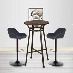 Glitzhome Rustic Steel Bar Table Round Wood Top And Dark Grey Adjustable Swivel Bar Stool With Back Support,Set Of 3 -Amazon Store 41kSds2qGeL. AC
