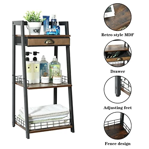 Keomaisyto 3-Tier Bathroom Ladder Shelf, Bathroom Floor Storage Shelf With Drawer, Freestanding Tower Shelf, Open Shelving Unit For Bathroom Living Room Balcony 4 Keomaisyto 3-Tier Bathroom Ladder Shelf, Bathroom Floor Storage Shelf With Drawer, Freestanding Tower Shelf, Open Shelving Unit For Bathroom Living Room Balcony - Image 2