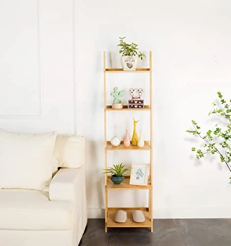 Venloup Ladder Shelf, 5-Tier Bookshelf, Free Standing Organizer Storage Shelves, Storage Rack Shelf For Office, Bathroom, Living Room, Nature 4 Venloup Ladder Shelf, 5-Tier Bookshelf, Free Standing Organizer Storage Shelves, Storage Rack Shelf For Office, Bathroom, Living Room, Nature - Image 2