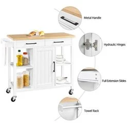 Yaheetech Kitchen Island On Lockable Wheels, Kitchen Trolley Cart With 2 Drawers And Adjustable Shelves And Towel Bar, Large Bamboo Countertop, 38.5x18x36 Inches, White -Amazon Store 41lMtybplsL