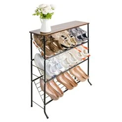 ZOES HOMEWARE 4-Tier Metal Shoe Rack For Closet Entryway,Narrow Shoe Organizer With 3 Slanted Shelves And Wood Top Shelf For Narrow Space,Skinny Space Saving Shoe Rack For Front Door,Hallway, Black