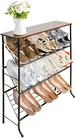 ZOES HOMEWARE 4-Tier Metal Shoe Rack For Closet Entryway,Narrow Shoe Organizer With 3 Slanted Shelves And Wood Top Shelf For Narrow Space,Skinny Space Saving Shoe Rack For Front Door,Hallway, Black 15 ZOES HOMEWARE 4-Tier Metal Shoe Rack For Closet Entryway,Narrow Shoe Organizer With 3 Slanted Shelves And Wood Top Shelf For Narrow Space,Skinny Space Saving Shoe Rack For Front Door,Hallway, Black -Amazon Store 41lN1sI8ltL. AC