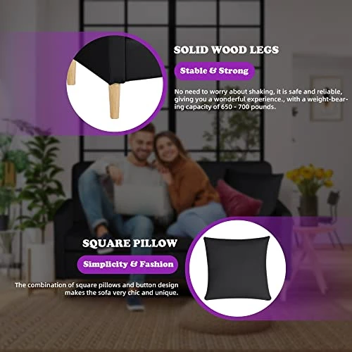 TYBOATLE Faux Leather Loveseat Sofa Couches W/ 2 USB Charging Ports And Throw Pillow, 66" W Mid Century Modern Love Seats Sofas For Small Spaces, Living Room, Apartment, Bedroom, Office (Black) 6 TYBOATLE Faux Leather Loveseat Sofa Couches W/ 2 USB Charging Ports And Throw Pillow, 66" W Mid Century Modern Love Seats Sofas For Small Spaces, Living Room, Apartment, Bedroom, Office (Black) - Image 4