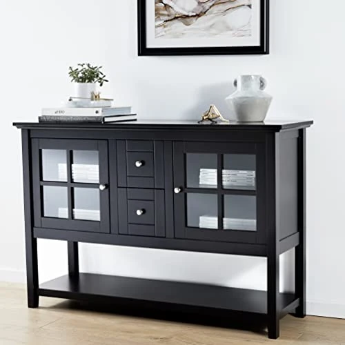 Walker Edison Charlotte Classic Glass Door Storage Buffet, 52 Inch, Black 4 Walker Edison Charlotte Classic Glass Door Storage Buffet, 52 Inch, Black - Image 2