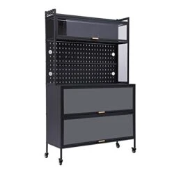5-Tier Kitchen Baker's Rack With Wheels And Flip Door, Industrial Microwave Cart Kitchen Stand With Wire Holes, Free Standing Kitchen Utility Storage Shelf Rack Organizer