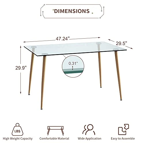 Glass Dining Table For 4 With 47 Inch Clear Rectangular Glass Top, 0.31" Modern Tempered Glass Kitchen Table Furniture With 4 Light Wood Grain Coated Metal Legs For Home Office Kitchen Dining Room 5 Glass Dining Table For 4 With 47 Inch Clear Rectangular Glass Top, 0.31" Modern Tempered Glass Kitchen Table Furniture With 4 Light Wood Grain Coated Metal Legs For Home Office Kitchen Dining Room - Image 3