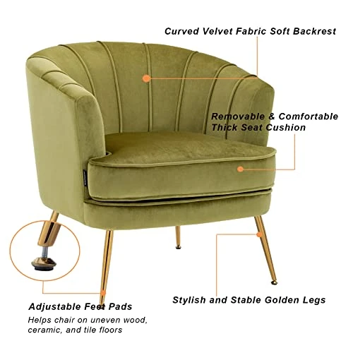 Artechworks Modern Velvet Barrel Chair Accent Armchair With Golden Legs For Living Room Bedroom Home Office, Channel Tufted Back Club Chair, Grass Green 5 Artechworks Modern Velvet Barrel Chair Accent Armchair With Golden Legs For Living Room Bedroom Home Office, Channel Tufted Back Club Chair, Grass Green - Image 3