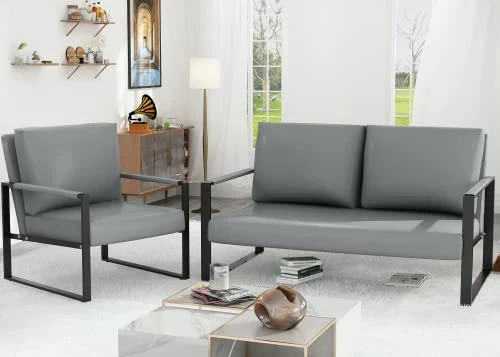 AWQM Mid-Century Retro Modern Living Room Sofa Set With Loveseat And Accent Chair, Faux Leather Loveseat Sofa And Armchair Sofa Chair For Small Space, Office, 105 Degree Slant Back, Grey 3 AWQM Mid-Century Retro Modern Living Room Sofa Set With Loveseat And Accent Chair, Faux Leather Loveseat Sofa And Armchair Sofa Chair For Small Space, Office, 105 Degree Slant Back, Grey