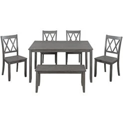 LZ LEISURE ZONE 6 Piece Wooden Dining Table Set With Bench And 4 Dining Chairs, Kitchen Table Set Family Furniture For 6 People (Antique Graywash) -Amazon Store 41lwGcE5xxS