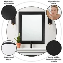 Black Bathroom Mirror, Leather Framed Rectangle Wall Mirror- 20" X 16", Hanging Large Wall Mirror For Bathroom, Living Room, Entryway, Wall Decor