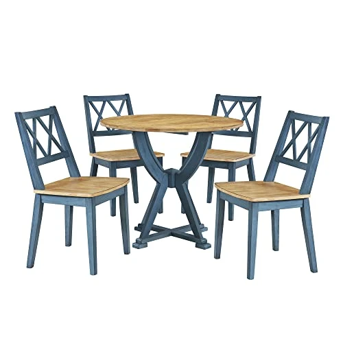 Merax Mid-Century 5 Piece Dining Table Set With Chairs For 4 People, Home Kitchen Wooden Furniture, Antique Oak+Antique Blue 8 Merax Mid-Century 5 Piece Dining Table Set With Chairs For 4 People, Home Kitchen Wooden Furniture, Antique Oak+Antique Blue - Image 6