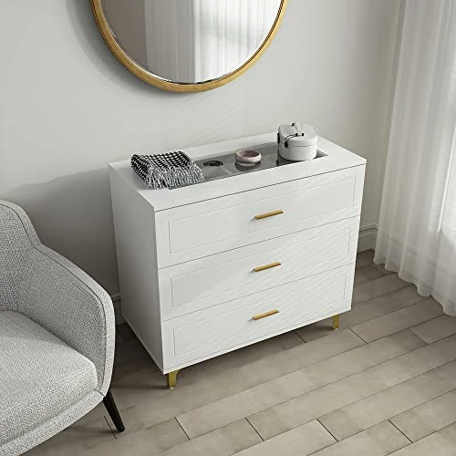 Homsee Modern Dresser Storage Chest With 3 Drawers, Glass Top & Jewelry Organizer, Wood Dresser Chest With Metal Legs For Bedroom, Living Room & Hallway, White (31.5”L X 15.7”W X 28.7”H) 3 Homsee Modern Dresser Storage Chest With 3 Drawers, Glass Top & Jewelry Organizer, Wood Dresser Chest With Metal Legs For Bedroom, Living Room & Hallway, White (31.5”L X 15.7”W X 28.7”H)