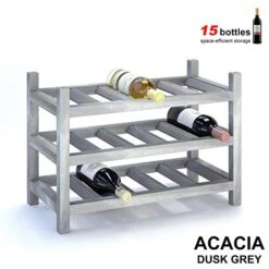 INTERBUILD Solid Hardwood Wine Rack Storage Shelf 3-Tier Stackable Freestanding Wine Bottle Holder 15 Bottles, Dusk Gray