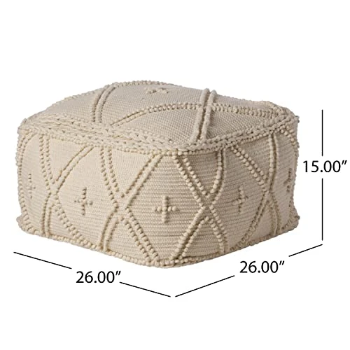Christopher Knight Home Nina Large Square Casual Pouf, Boho, White Wool And Cotton 3 Christopher Knight Home Nina Large Square Casual Pouf, Boho, White Wool And Cotton