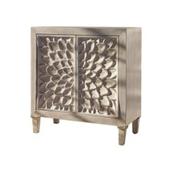 Simple Relax Accent Cabinet With Floral Carved Door, White