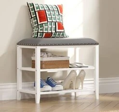 SEIRIONE Shoe Bench With Storage, Solid Bamboo Shoe Rack Bench, Shoe Storage Bench With Leather Cushion, 3 Tier Shoe Bench Entryway With Storage, Holds Up To 380 Lb, 23.6 Inch Wide, White