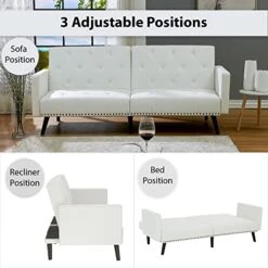 Tufted Split Back Futon, Mid Century Modern Convertible Sofa Bed For Small Rooms, Faux Leather Couch With Elegant Design, Perfect For Your Modern Living Room Or Guest Room - White, Faux Leather 15 Tufted Split Back Futon, Mid Century Modern Convertible Sofa Bed For Small Rooms, Faux Leather Couch With Elegant Design, Perfect For Your Modern Living Room Or Guest Room - White, Faux Leather -Amazon Store 41mai2qsLAL