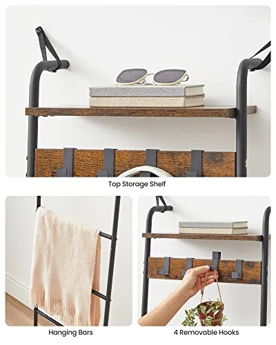 VASAGLE Blanket Ladder Shelf, Blanket Holder Rack For Living Room, Decorative Ladder With Removable Hooks, Top Storage Shelf, Metal Frame, Rustic Brown And Black ULLS017B01 6 VASAGLE Blanket Ladder Shelf, Blanket Holder Rack For Living Room, Decorative Ladder With Removable Hooks, Top Storage Shelf, Metal Frame, Rustic Brown And Black ULLS017B01 - Image 4